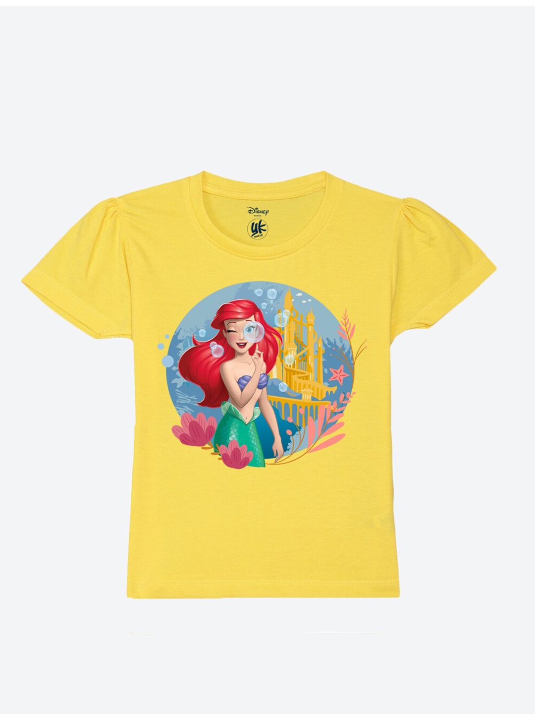 

YK Disney Girls Printed Extended Sleeves Pure Cotton Applique T-shirt, Yellow
