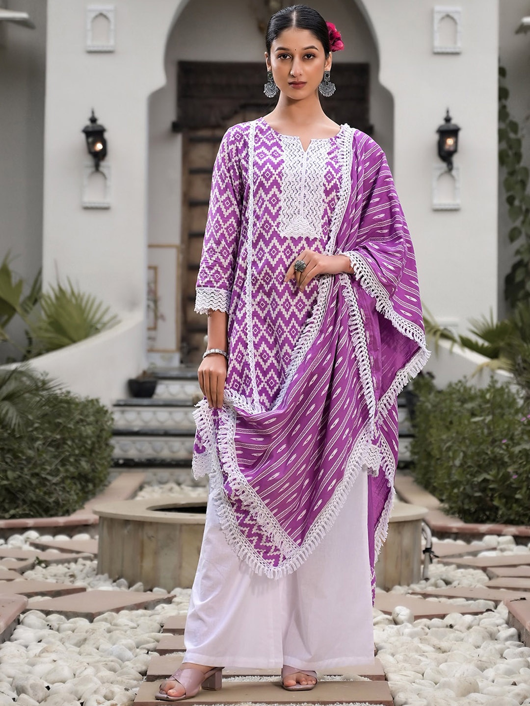 

Sangria Geometric Printed Lace Detail Pure Cotton A-Line Kurta With Palazzo & Dupatta, Purple