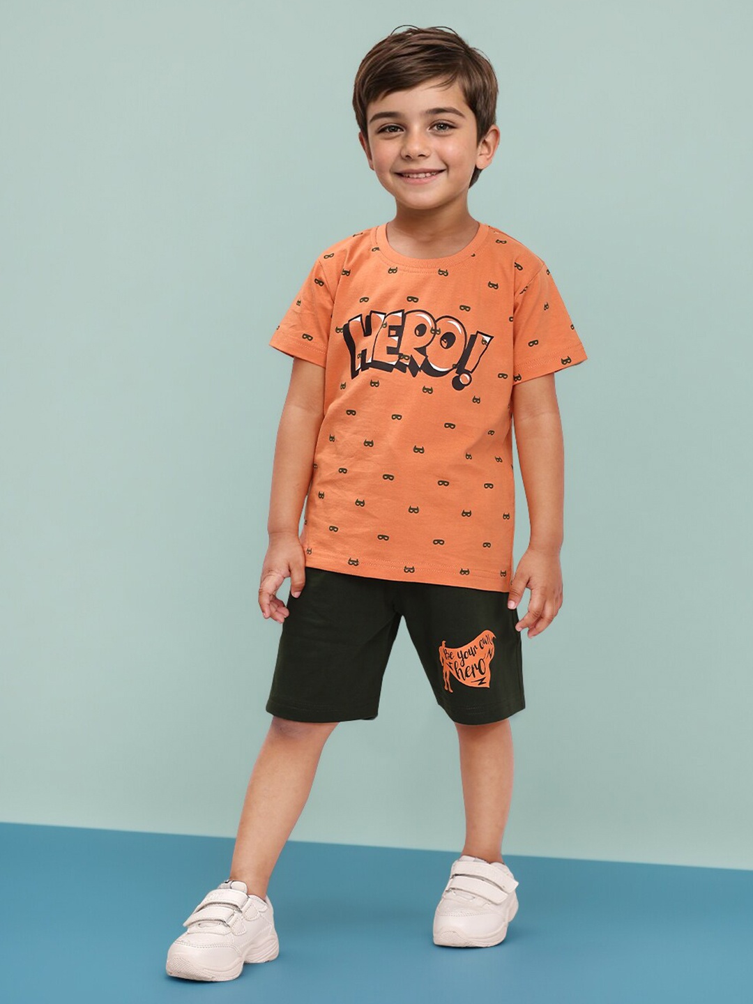 

Toonyport Boys Printed Pure Cotton T-shirt with Shorts, Orange