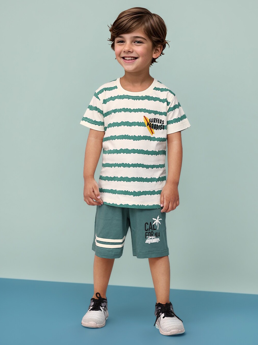 

Toonyport Boys Striped Printed Pure Cotton T-shirt With Shorts, Green