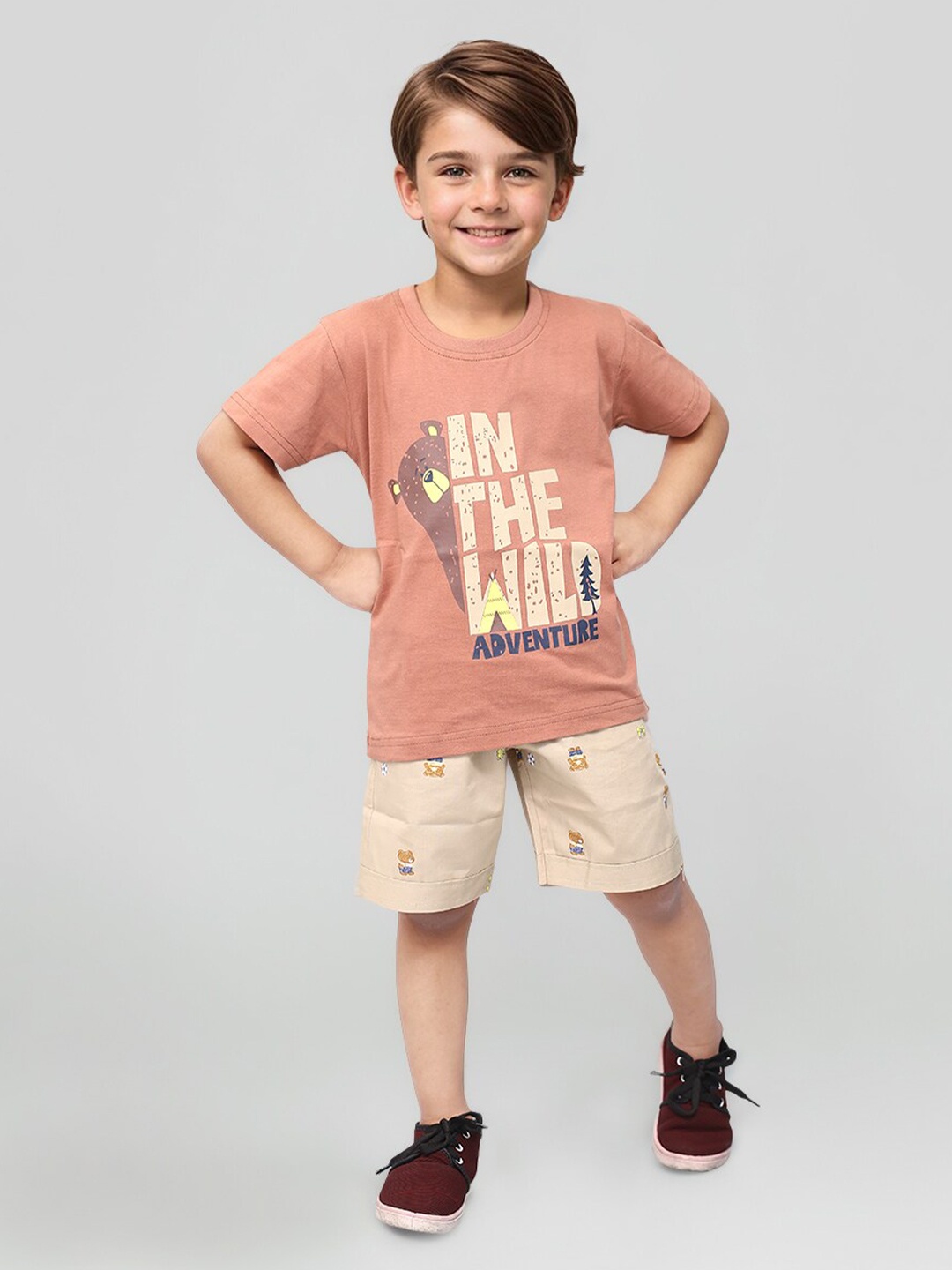 

Toonyport Boys Printed Pure Cotton T-shirt with Shorts, Peach