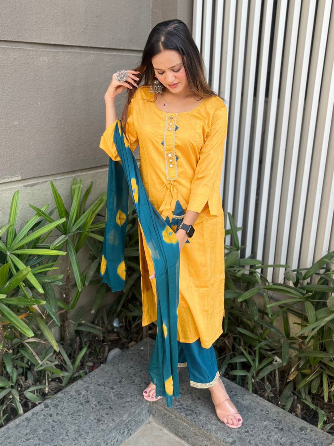 

KALINI Striped Chanderi Silk Straight Kurta with Trousers & With Dupatta, Mustard