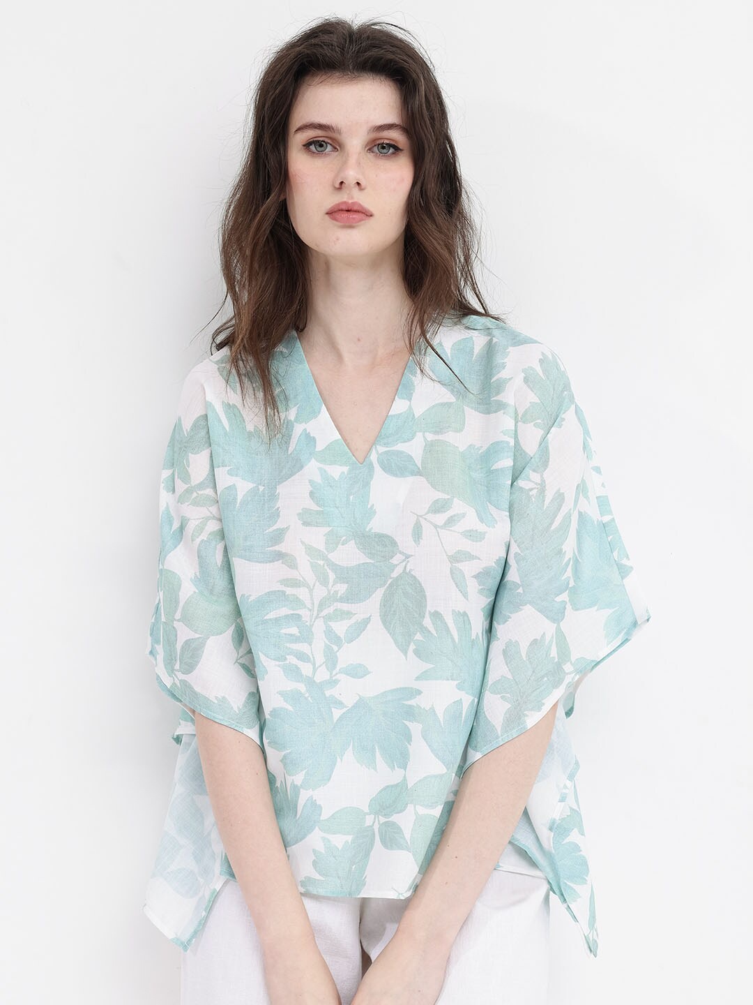 

RAREISM Floral Print Flared Sleeve Linen Kaftan Top, Green