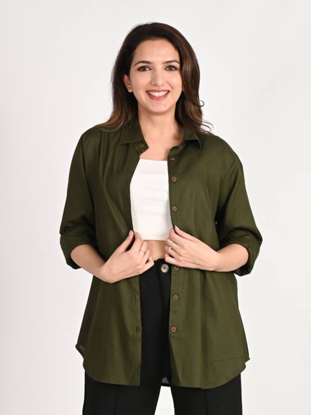 

Fab Star Women Classic Opaque Casual Shirt, Green