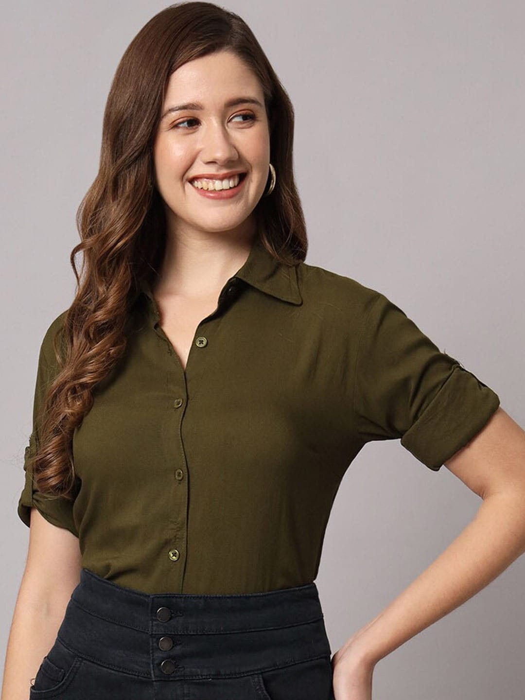 

Fab Star Women Classic Opaque Casual Shirt, Green