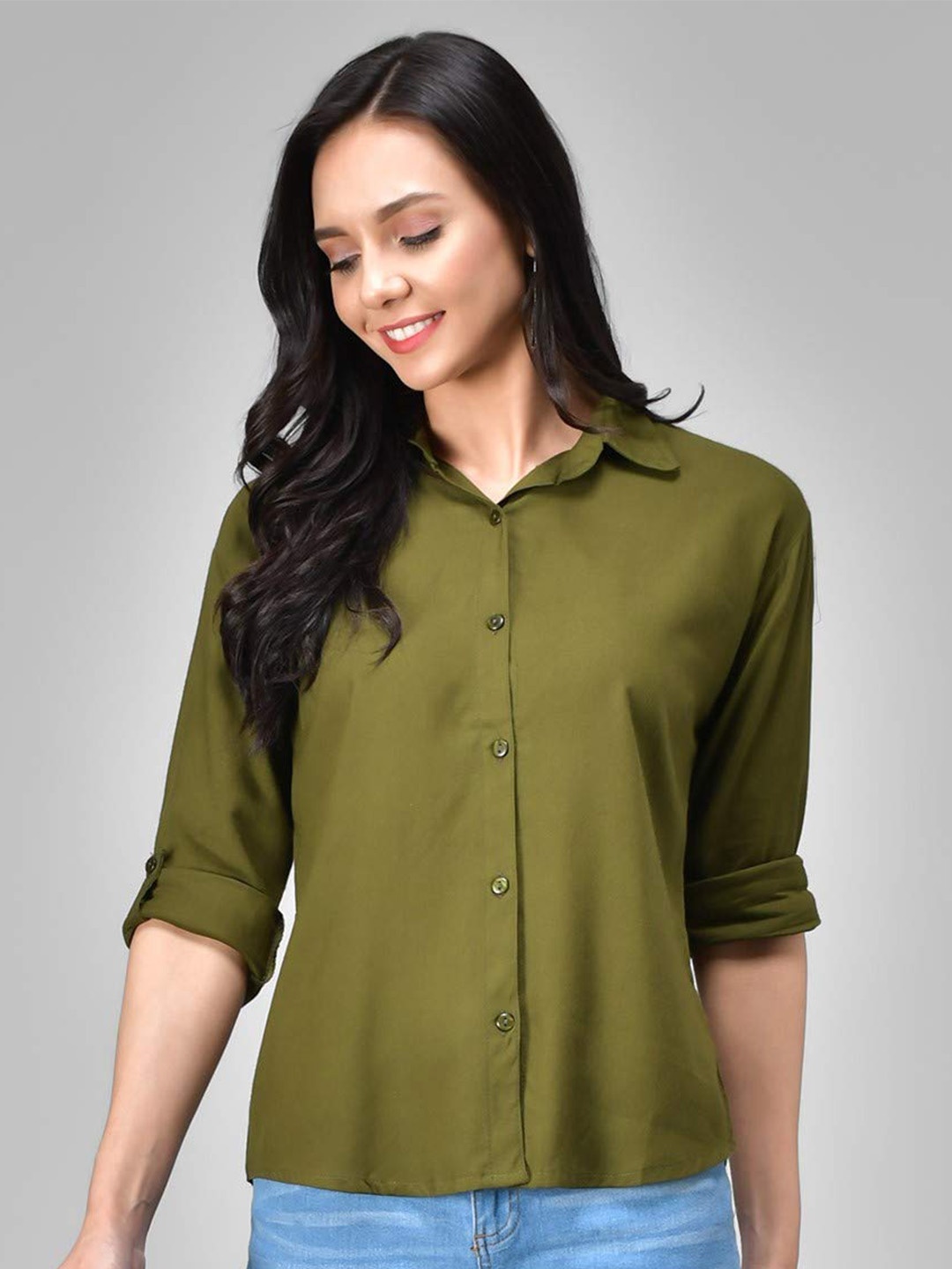 

Fab Star Women Classic Opaque Casual Shirt, Green