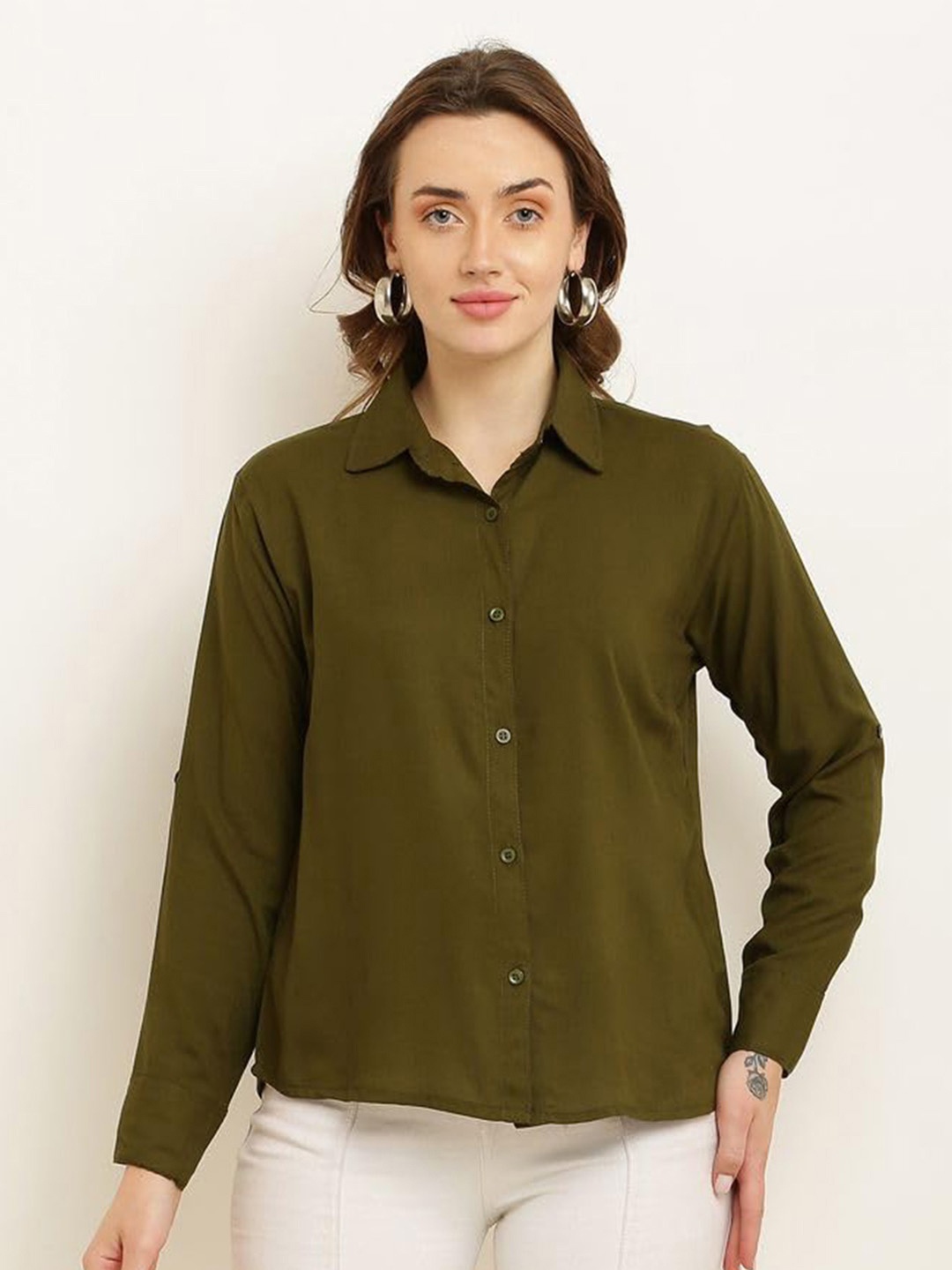 

Fab Star Women Classic Opaque Casual Shirt, Green