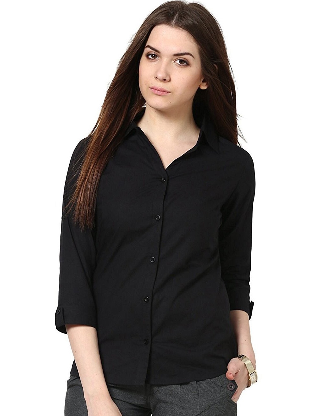 

Fab Star Women Classic Opaque Casual Shirt, Black