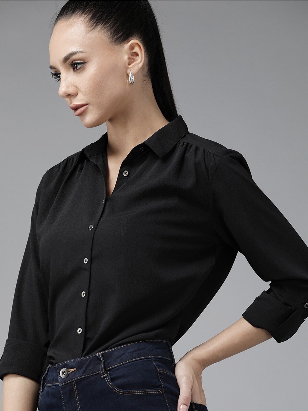 

Fab Star Women Classic Opaque Casual Shirt, Black