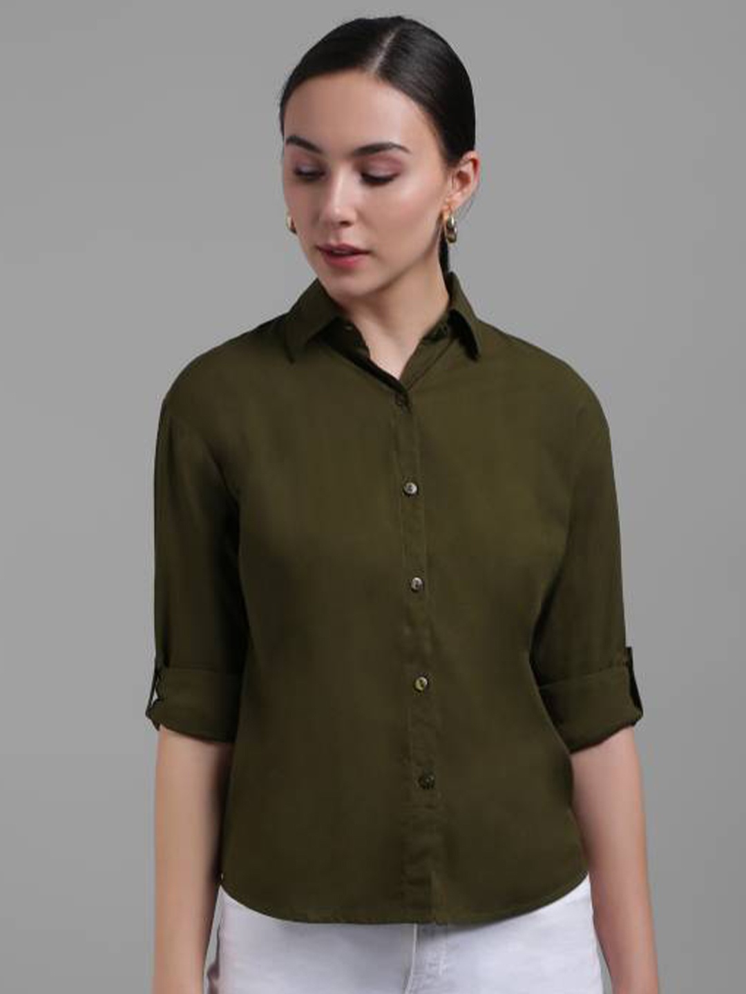 

Fab Star Women Classic Opaque Casual Shirt, Green