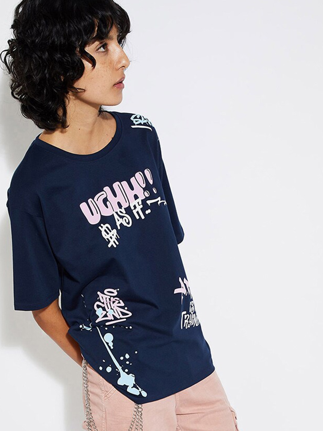 

max URB_N Women Typography Printed Applique T-shirt, Navy blue