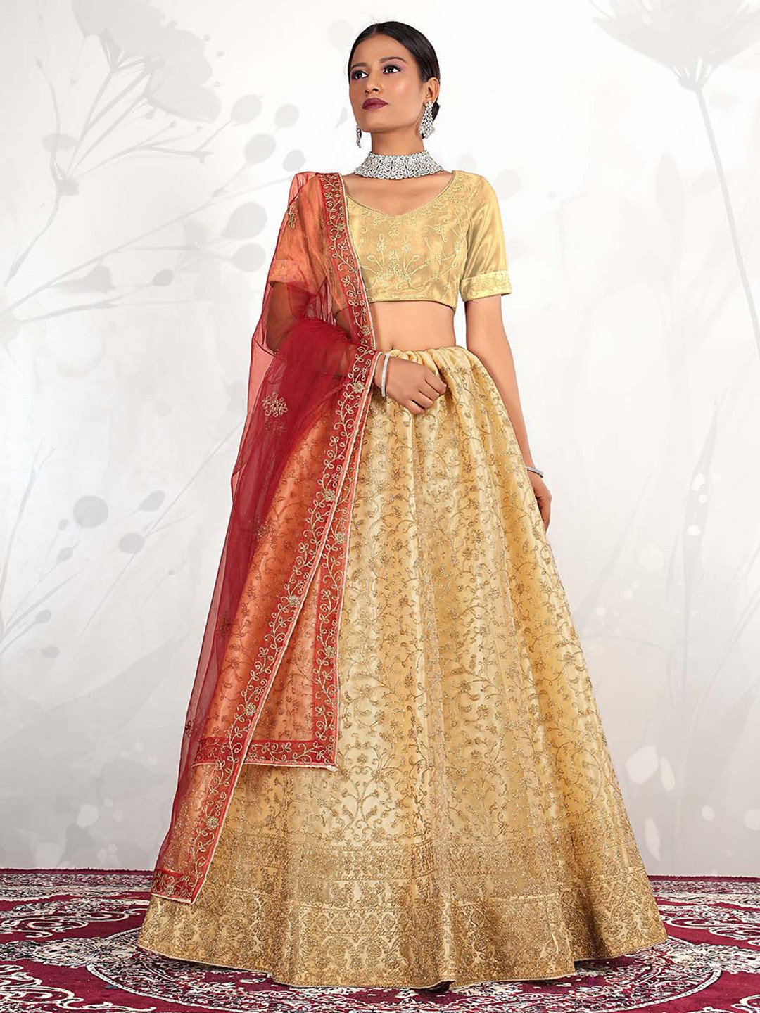 

HALFSAREE STUDIO Floral Embroidered Semi-Stitched Lehenga & Unstitched Blouse With Dupatta, Cream