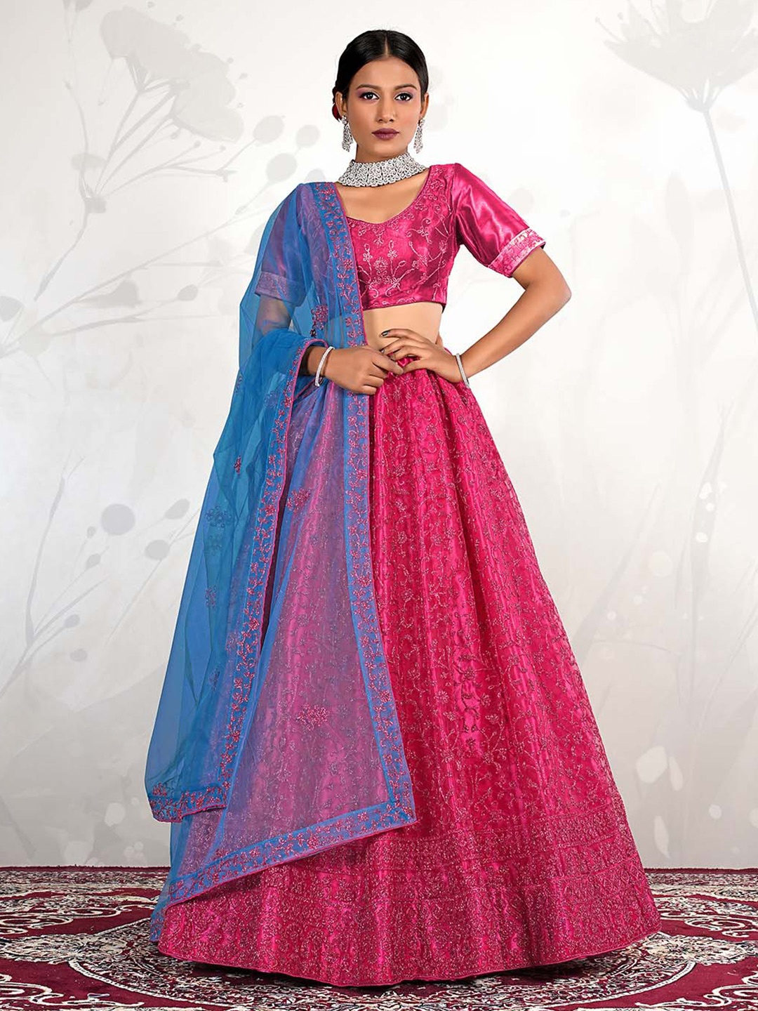 

HALFSAREE STUDIO Floral Embroidered Semi-Stitched Lehenga & Unstitched Blouse With Dupatta, Pink