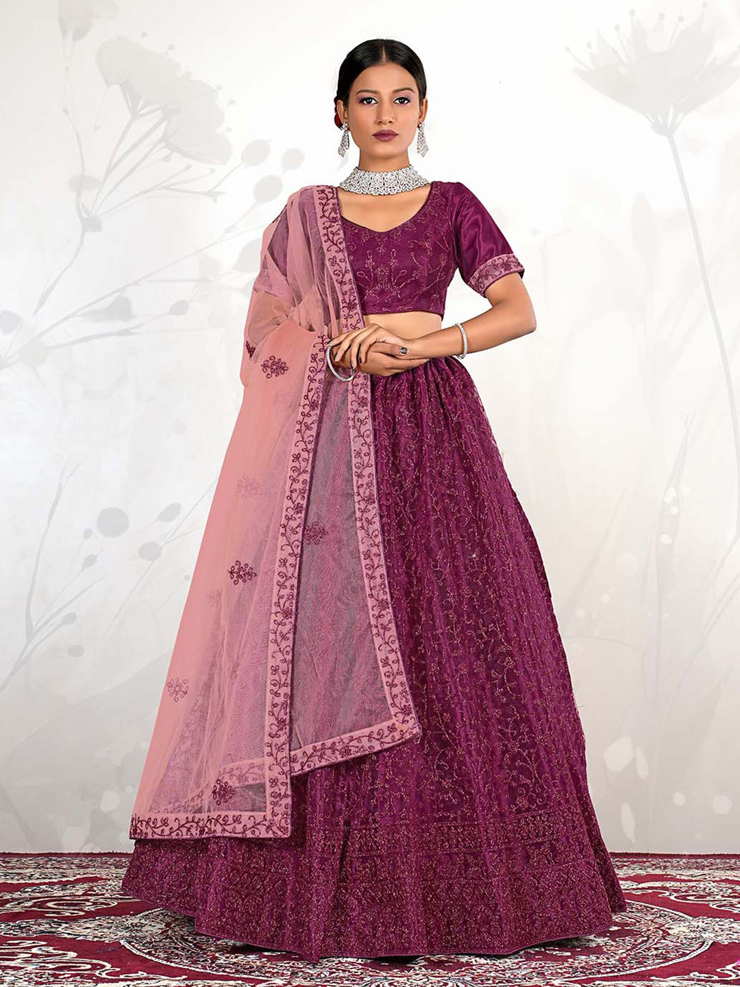 

HALFSAREE STUDIO Floral Embroidered Semi-Stitched Lehenga & Unstitched Blouse With Dupatta, Burgundy