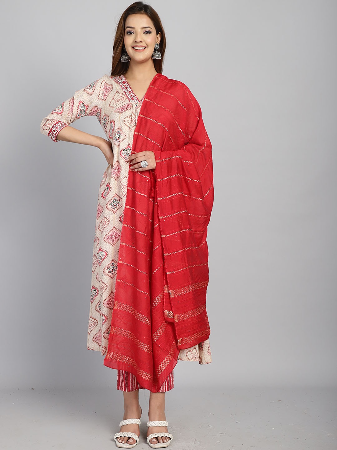 

Rajnandini Ethnic Motifs Printed Pure Cotton Kurta with Trousers & With Dupatta, Beige