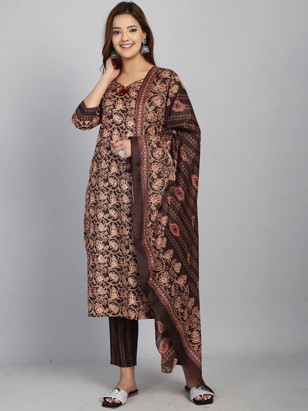 

Rajnandini Ethnic Motifs Printed Pure Cotton Kurta with Trousers & With Dupatta, Brown