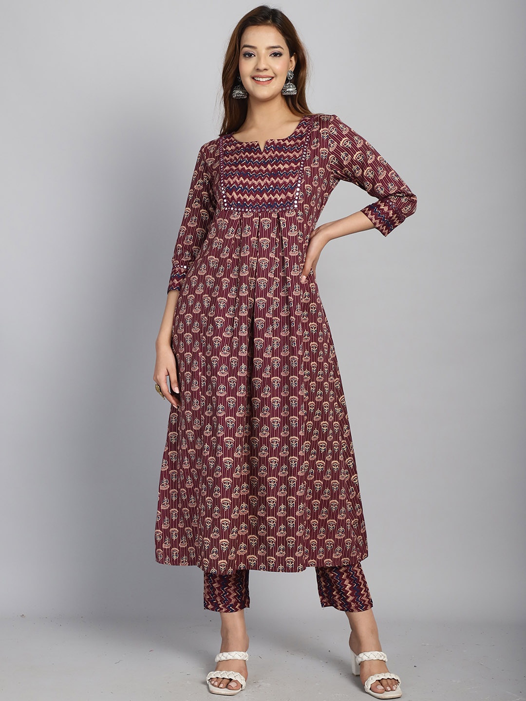 

Rajnandini Ethnic Motifs Printed Regular Pure Cotton Kurta with Trousers & With Dupatta, Maroon