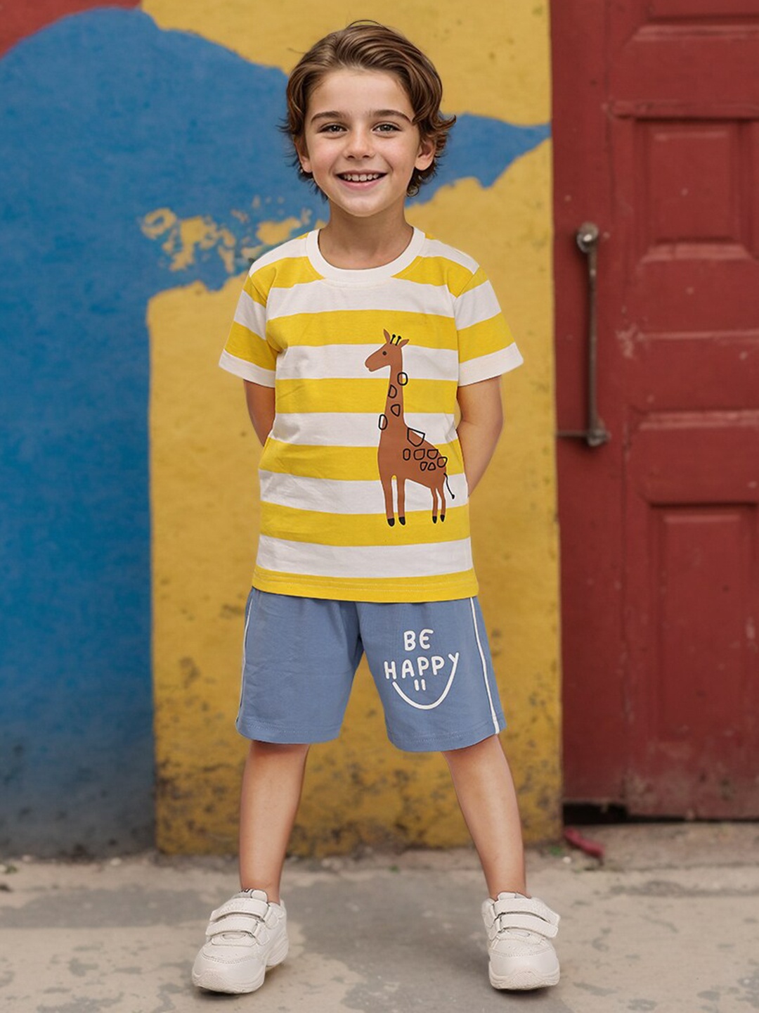 

Toonyport Boys Striped Pure Cotton T-shirt with Shorts, Yellow