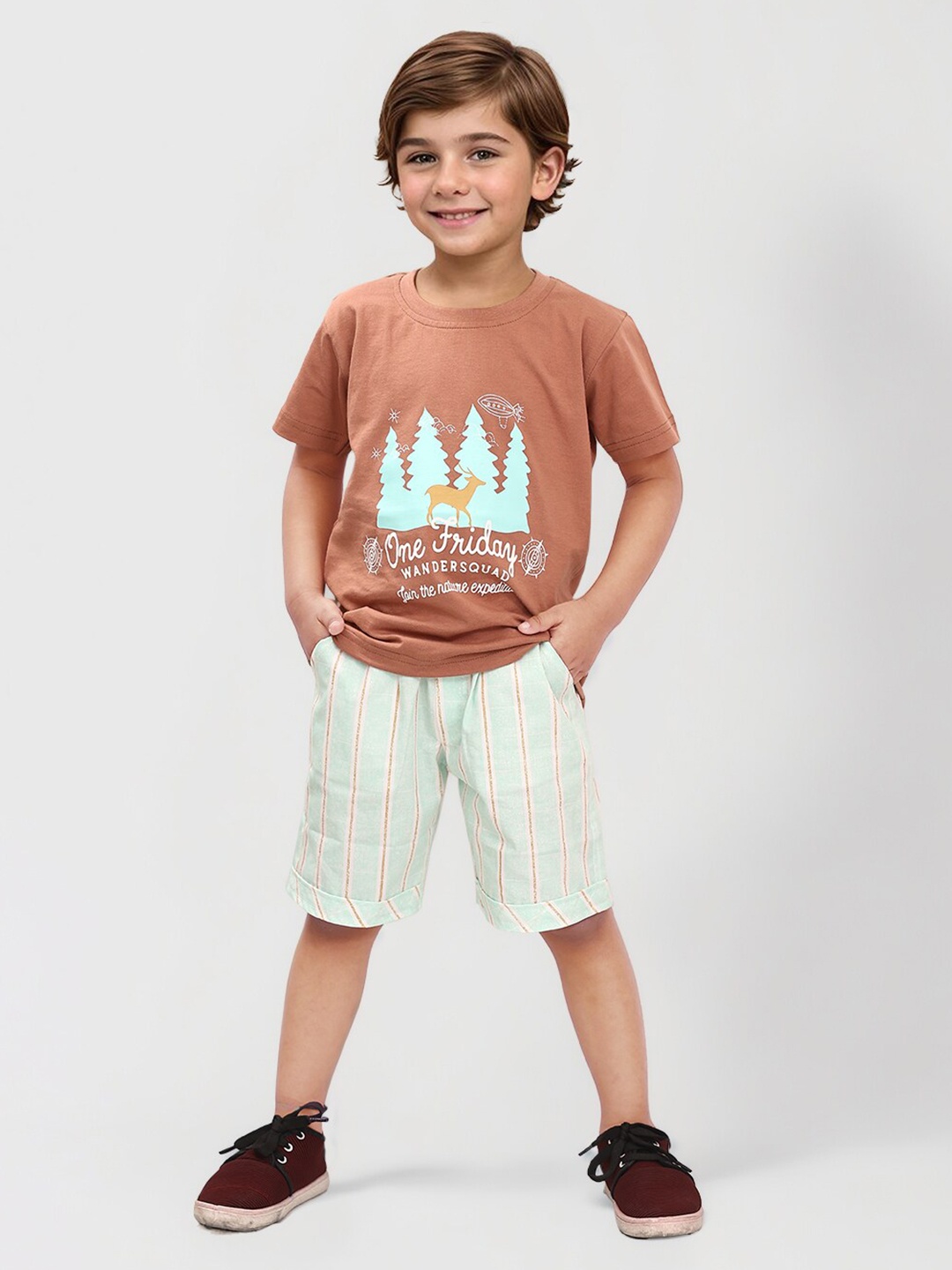

Toonyport Boys Printed Pure Cotton T-shirt With Shorts, Rust