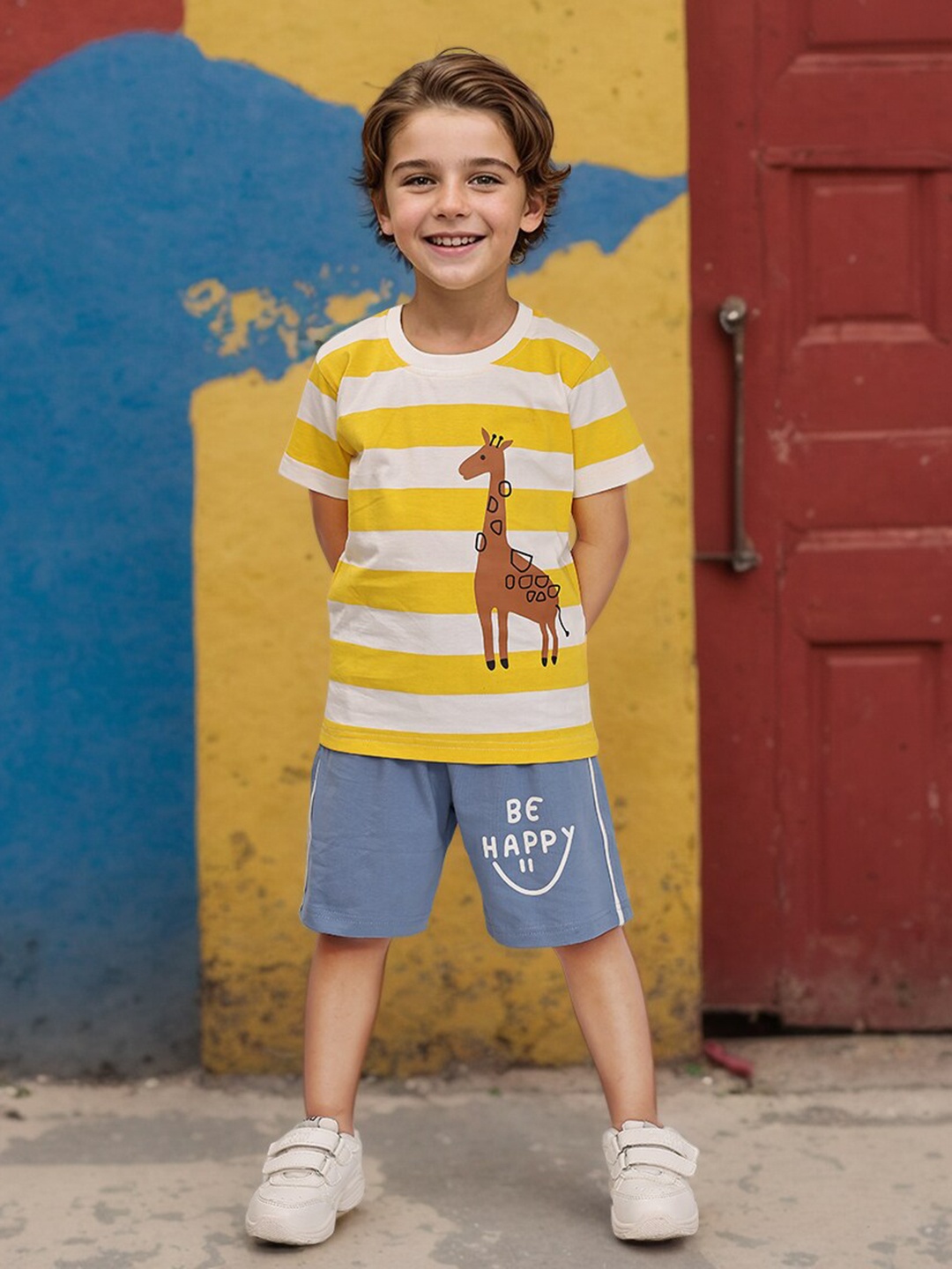 

Toonyport Boys Striped Printed Pure Cotton T-shirt With Shorts, Yellow