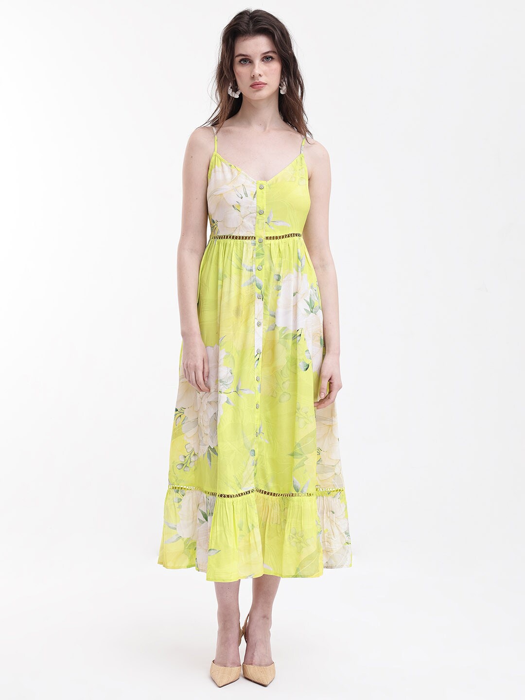 

RAREISM Floral Printed Shoulder Straps Gathered Fit & Flare Midi Dress, Fluorescent green