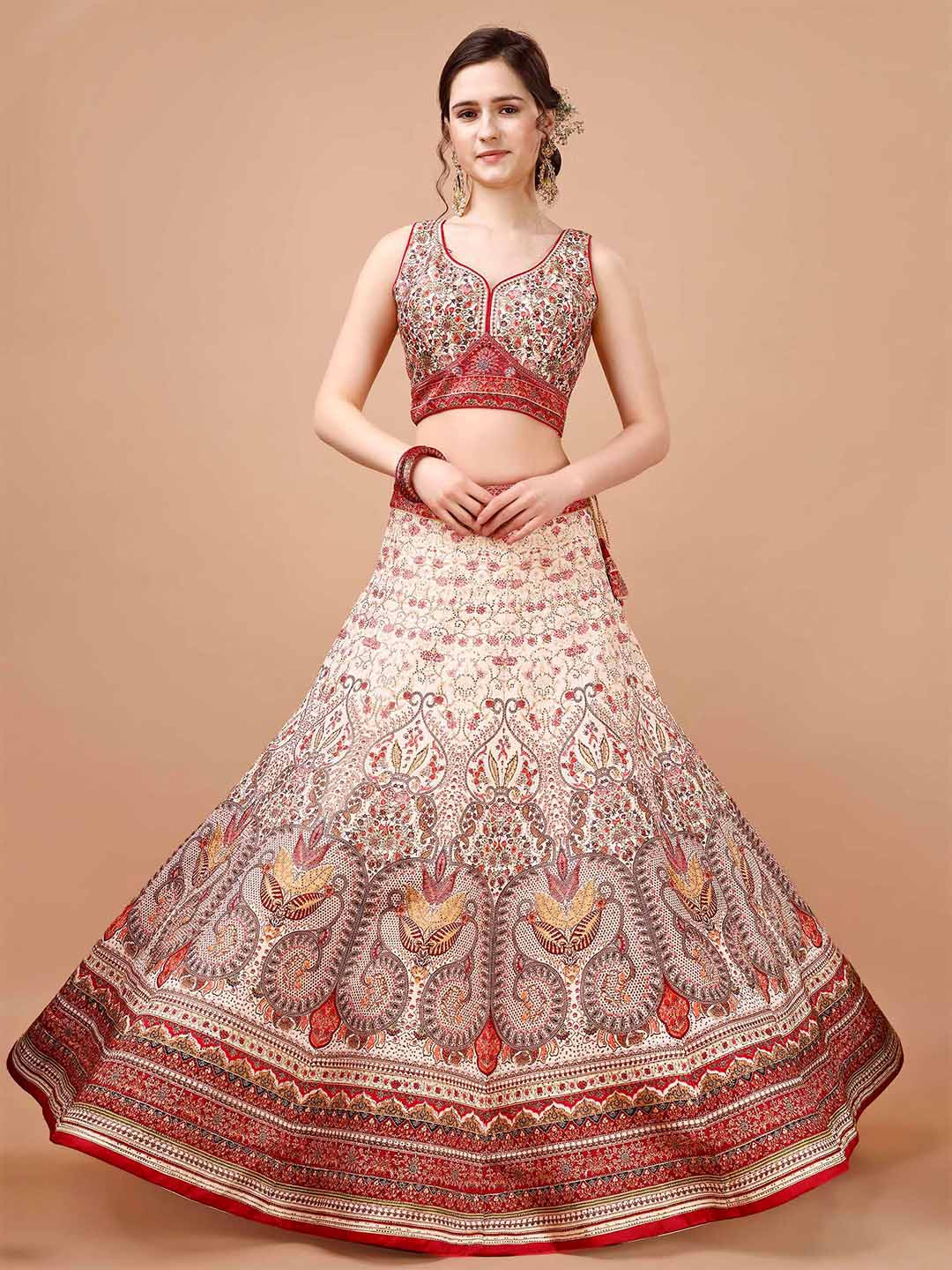 

SAPTRANGI Printed Ready to Wear Lehenga & Blouse With Dupatta, White