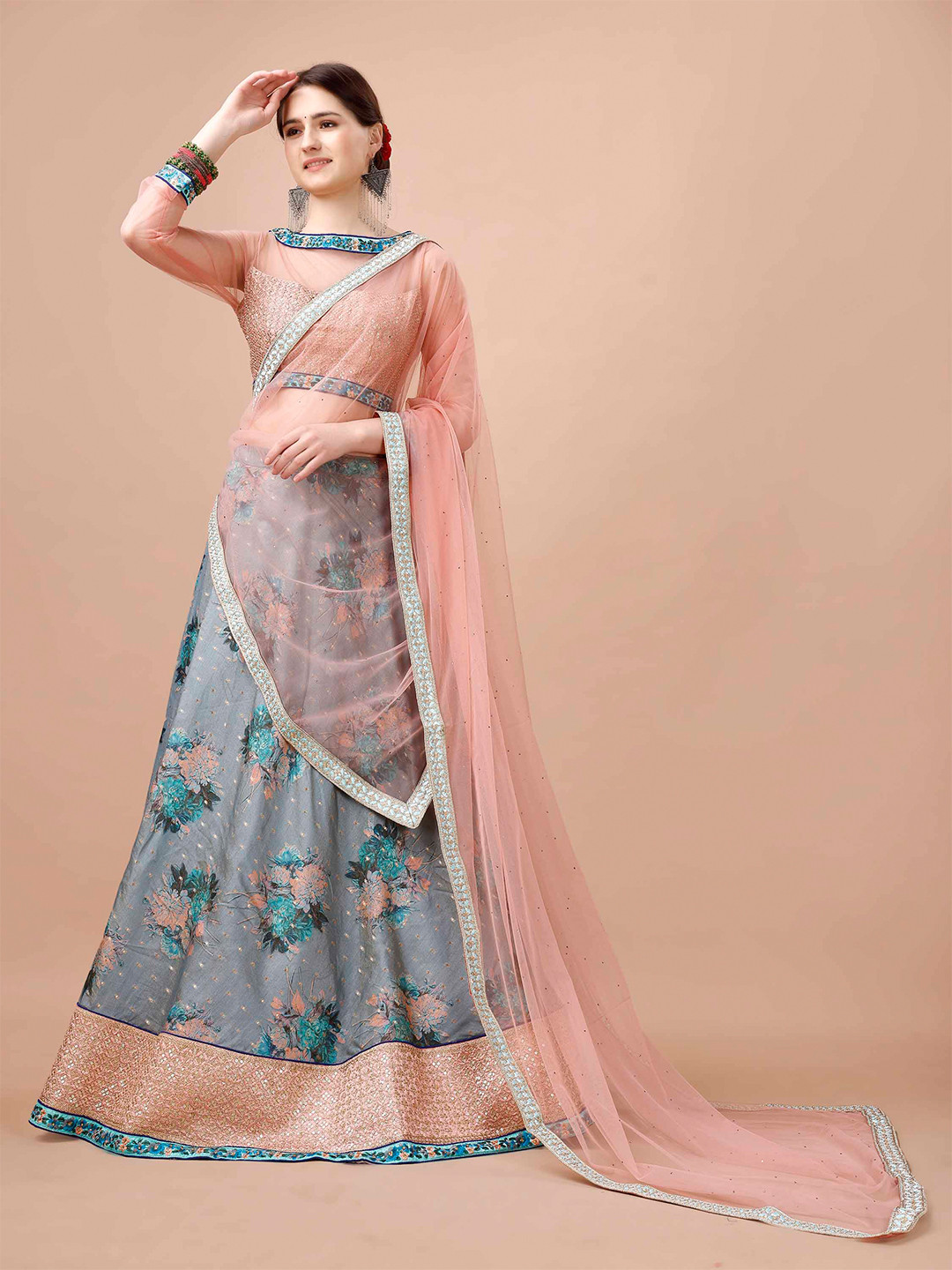 

SAPTRANGI Printed Ready to Wear Lehenga & Blouse With Dupatta, Grey