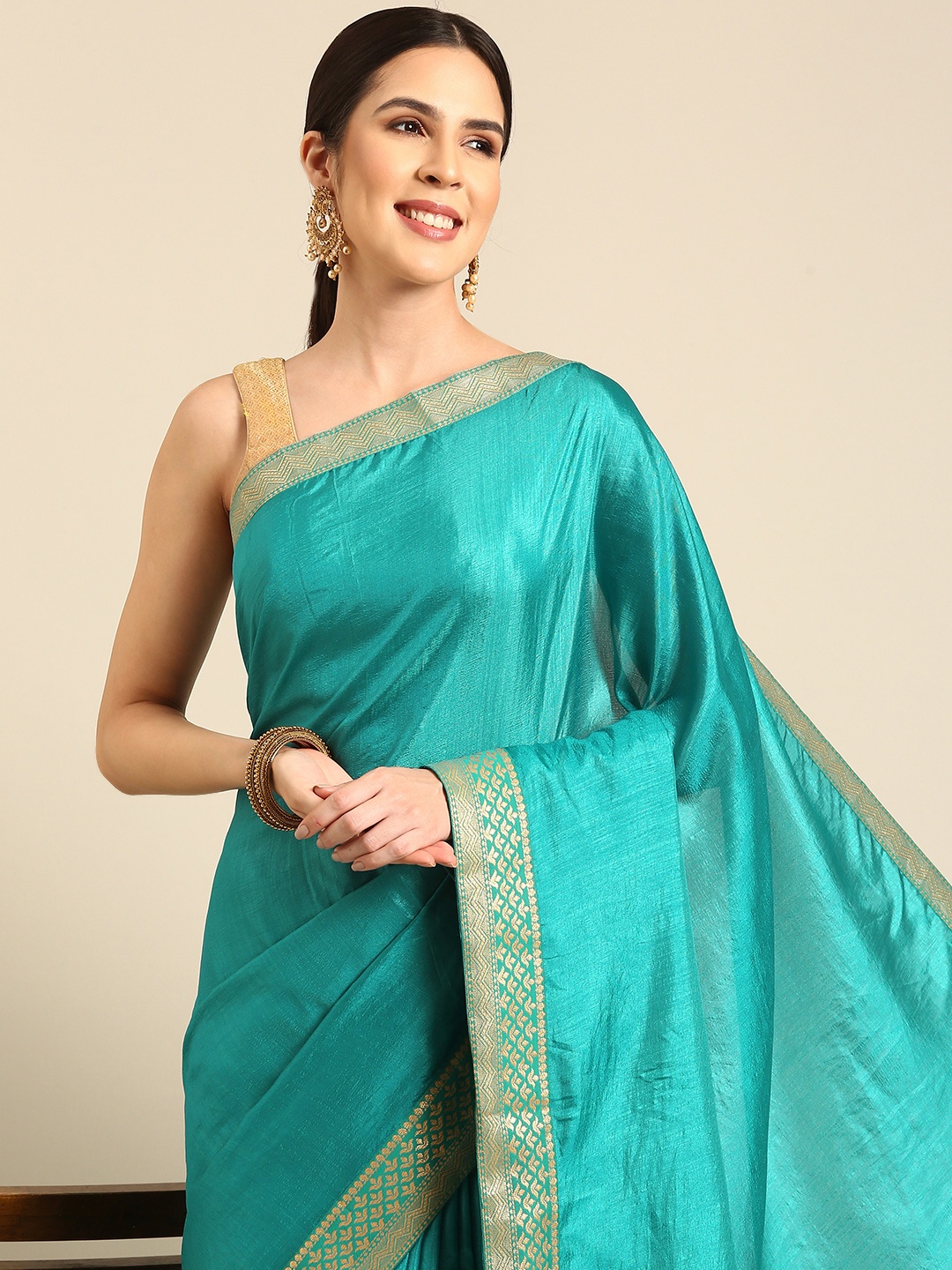 

HERE&NOW Woven Design Solid Saree, Teal
