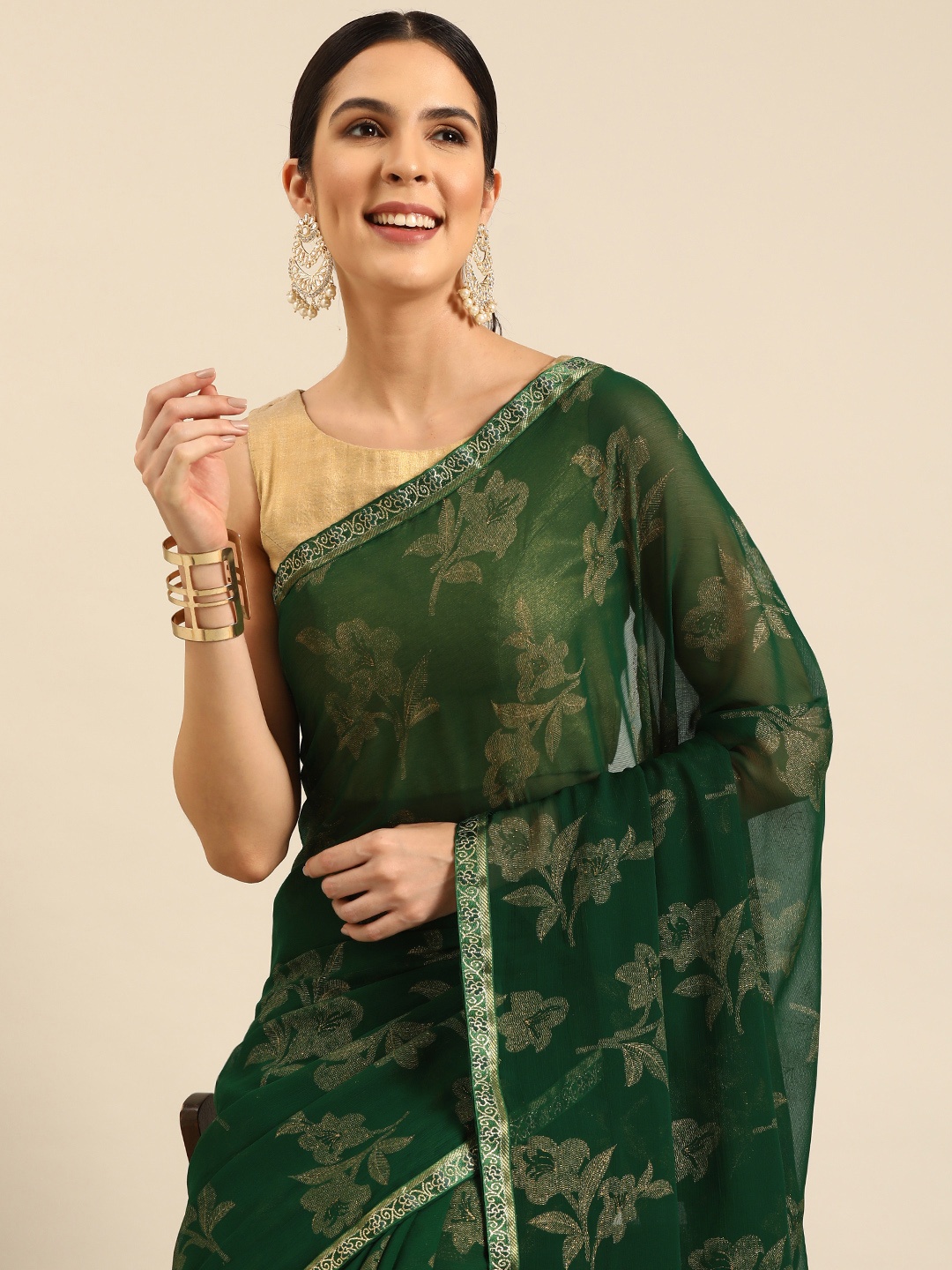 

HERE&NOW Woven Design Zari Saree, Green