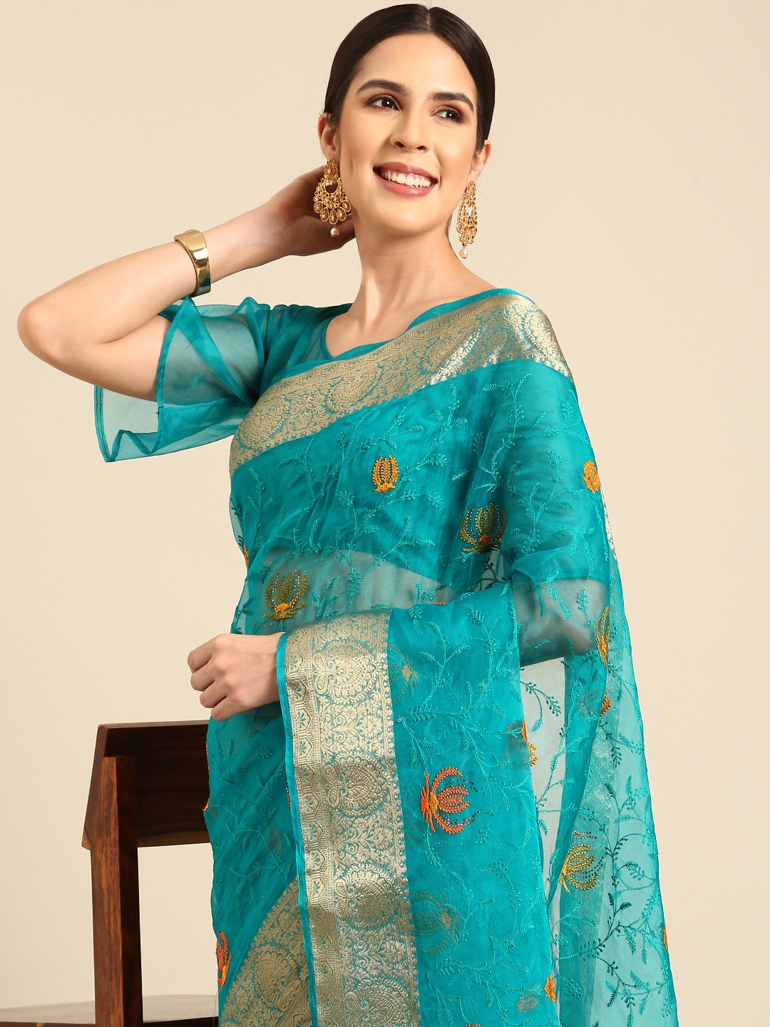 

HERE&NOW Floral Beads & Stones Organza Saree, Turquoise blue