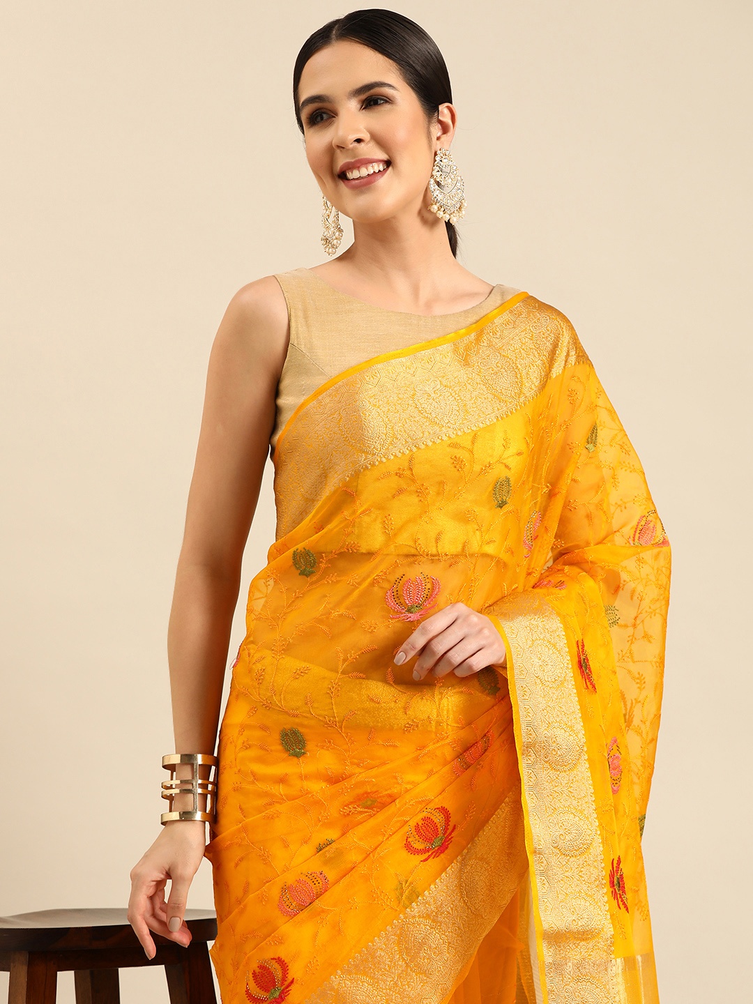 

HERE&NOW Floral Embroidered Stones-Studded Organza Saree, Yellow