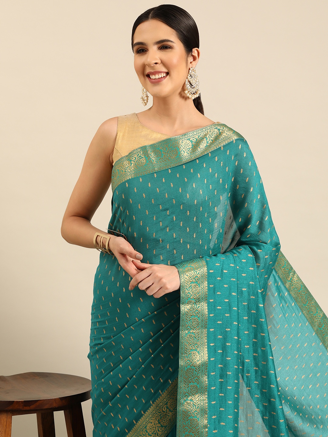 

HERE&NOW Woven Design Zari Saree, Turquoise blue