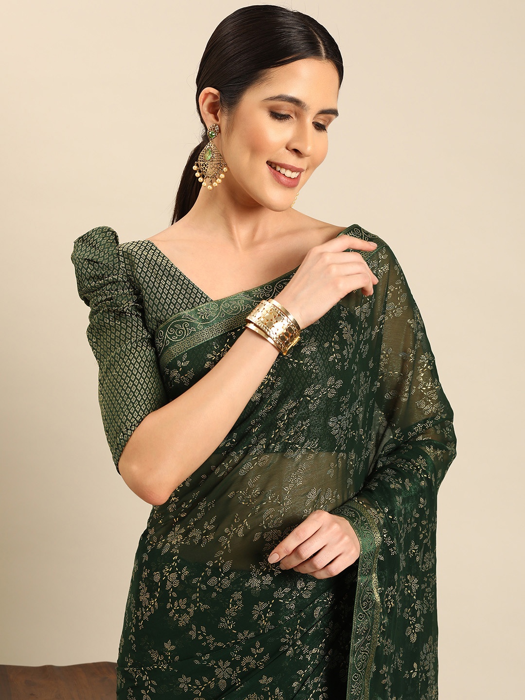 

HERE&NOW Embroidered Embellished Zari Saree, Green