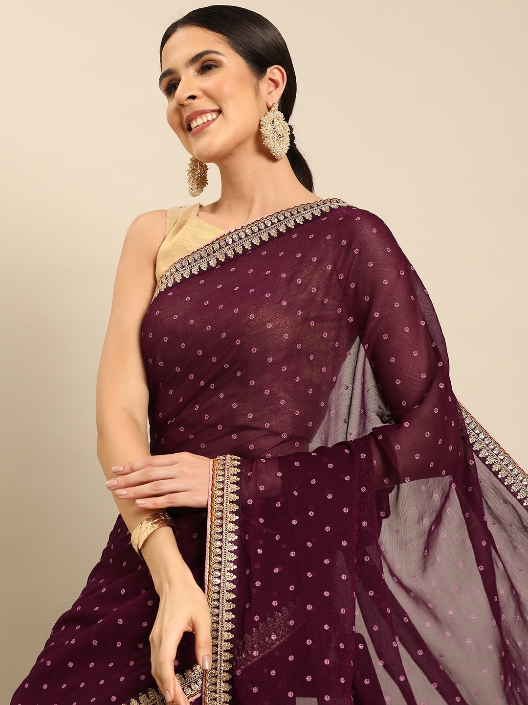 

HERE&NOW Floral Printed Sequinned Pure Chiffon Saree, Purple