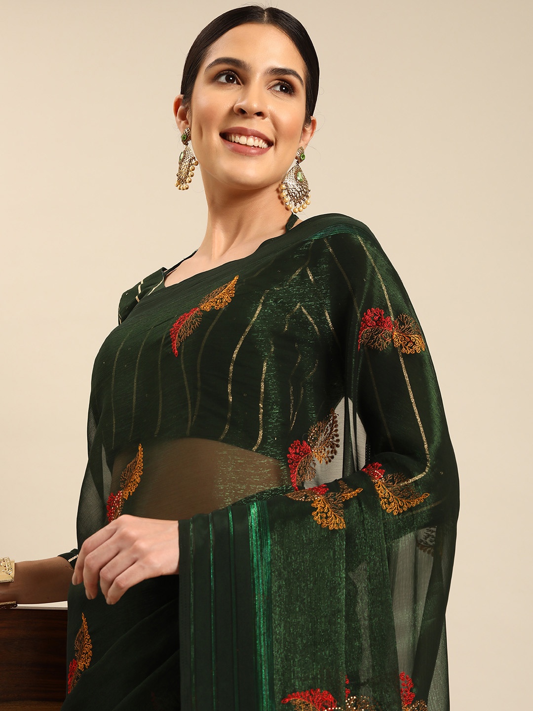 HERE&NOW Floral Embroidered Pure Chiffon Saree, Green