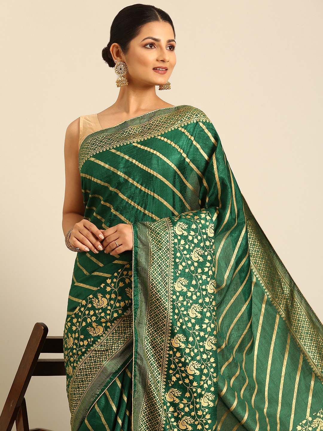 

HERE&NOW Vichitra Silk Foil Work Striped Saree, Green