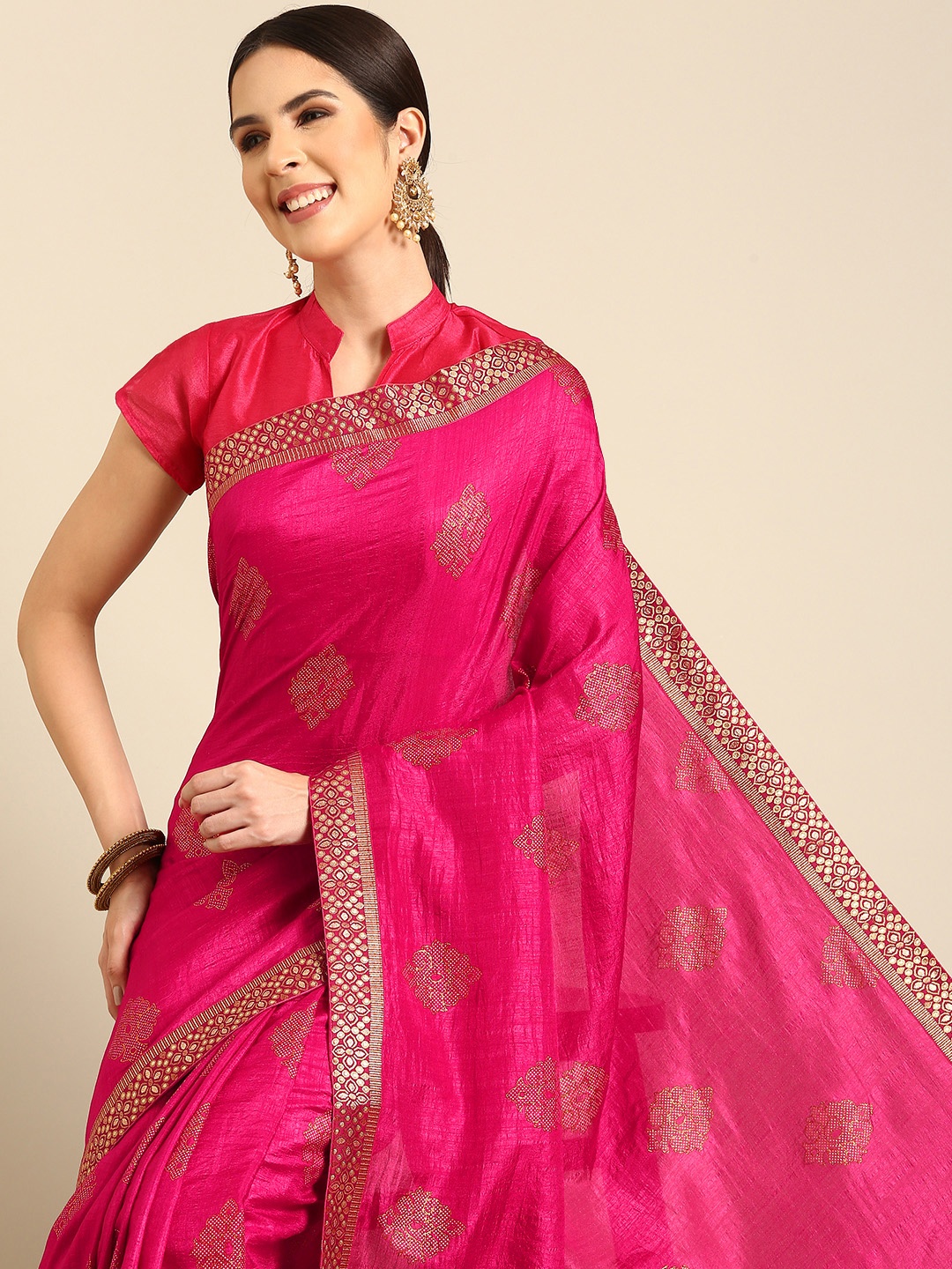 

HERE&NOW Ethnic Motifs Silk Blend Zari Saree, Pink
