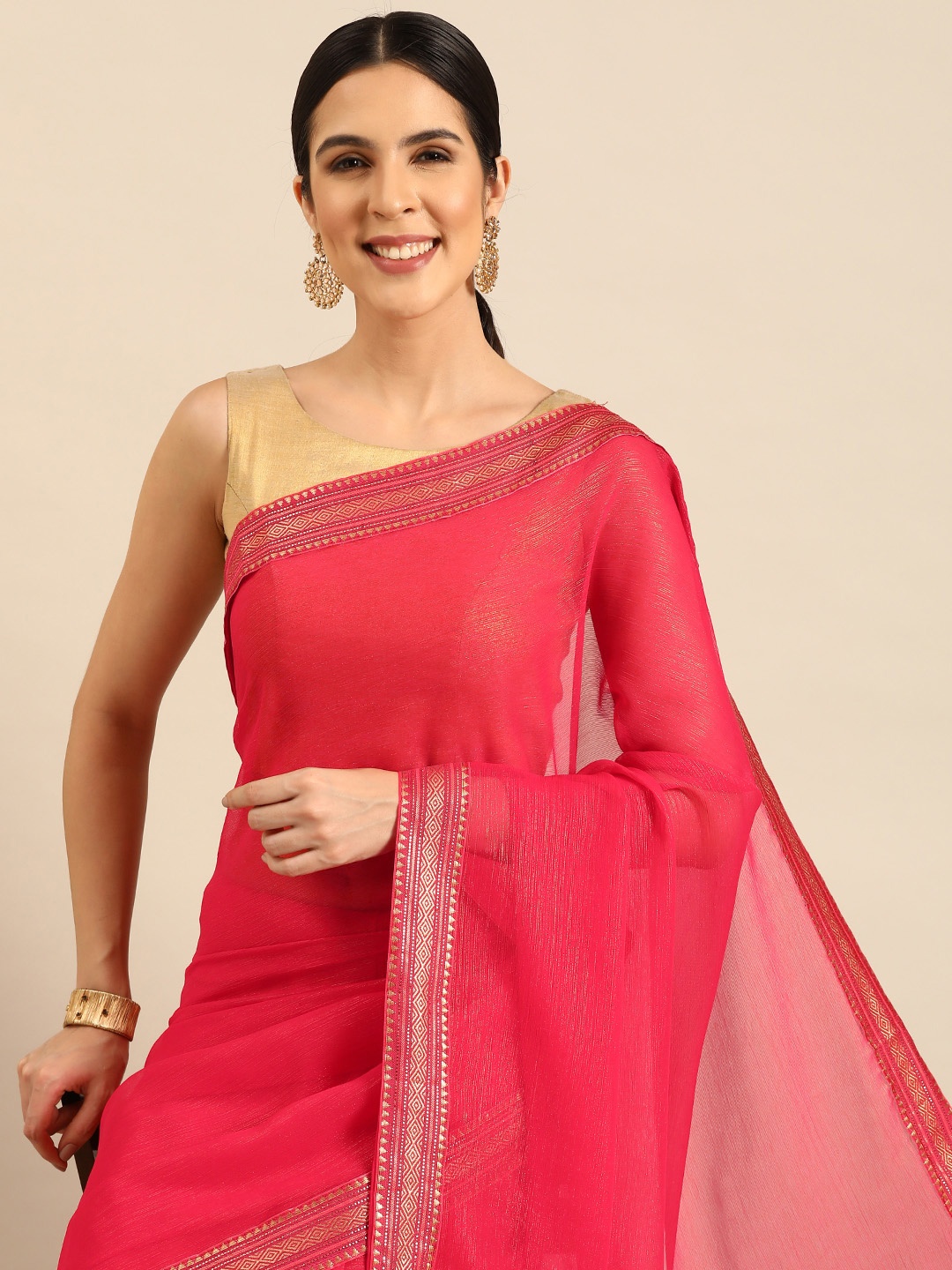 

HERE&NOW Solid Woven Design Pure Georgette Saree, Pink