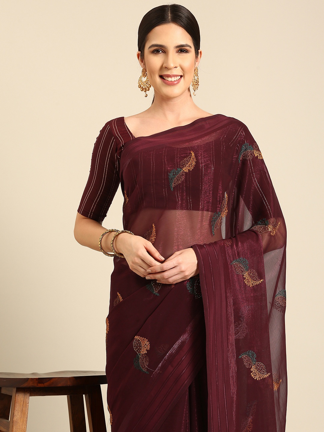 

HERE&NOW Beads & Stones Pure Chiffon Saree, Maroon