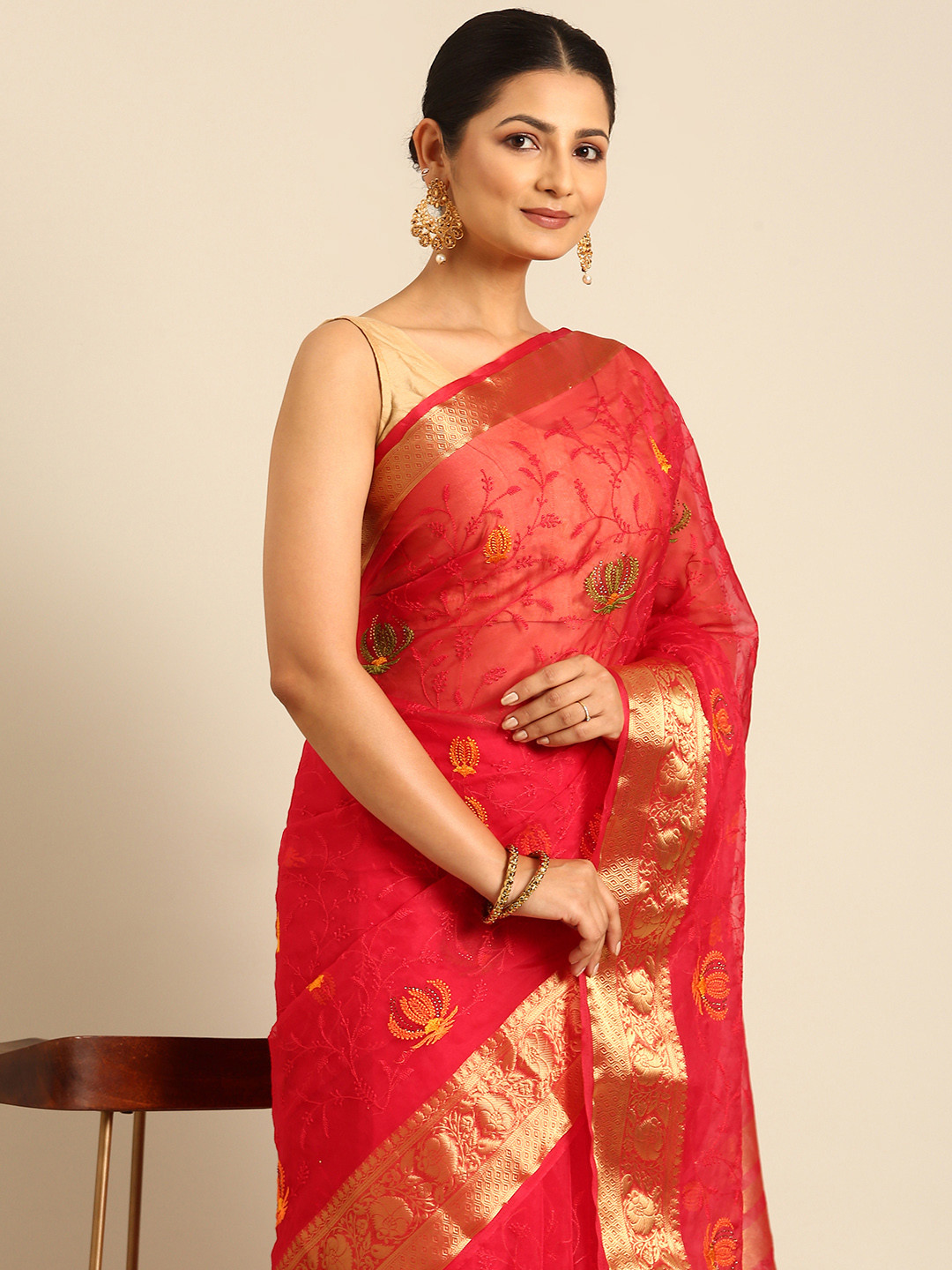 

HERE&NOW Floral Beads & Stones Organza Saree, Pink