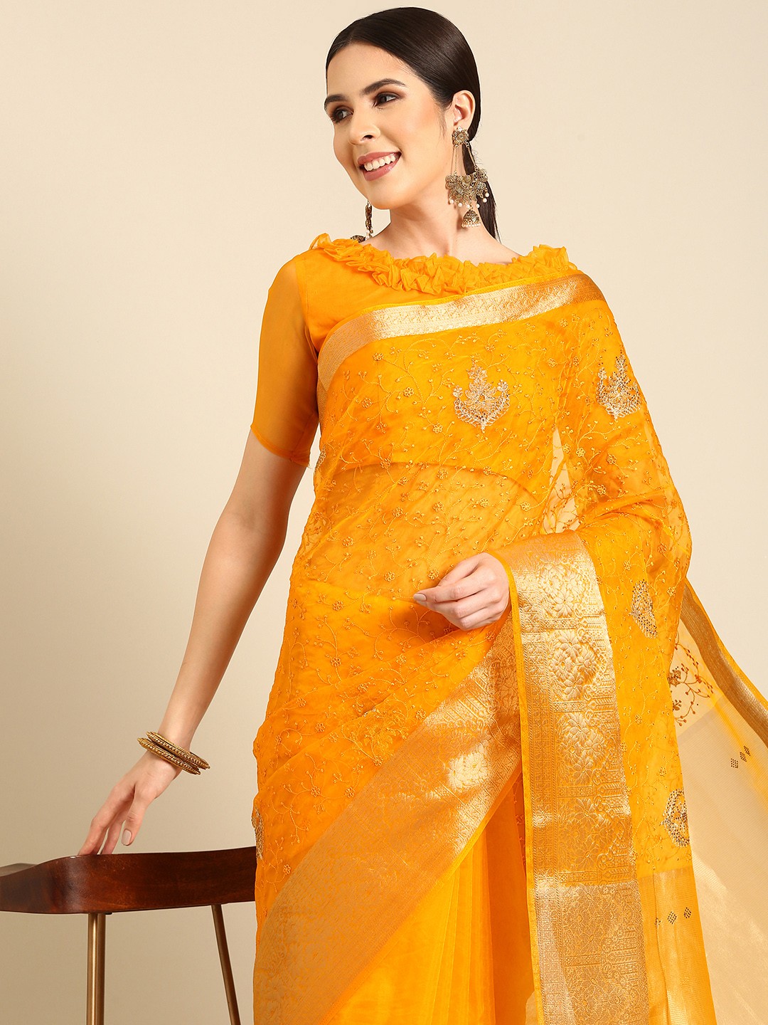 

HERE&NOW Floral Beads & Stones Organza Saree, Yellow
