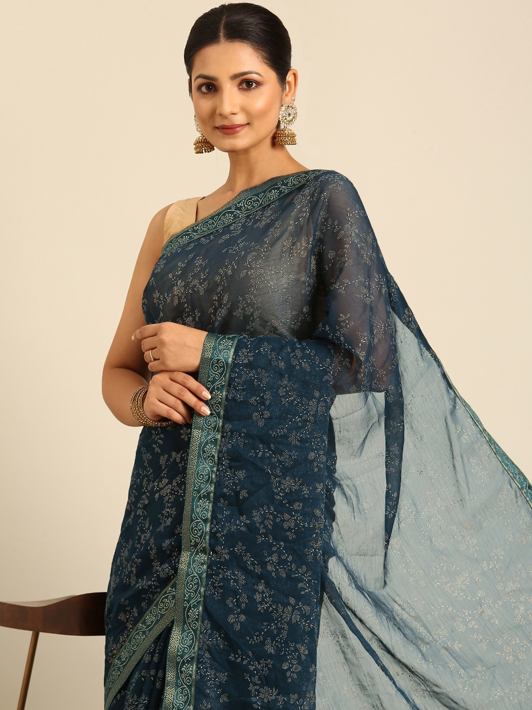 

HERE&NOW Shimmer Foil Work Zari Saree, Navy blue