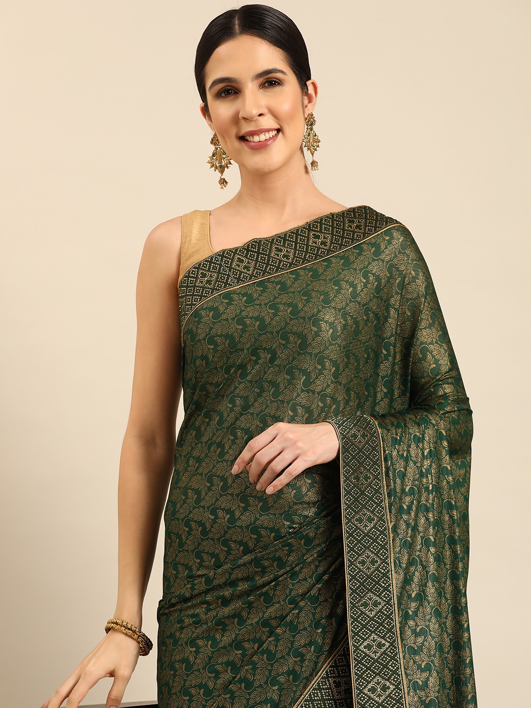 

HERE&NOW Ethnic Motifs Woven Design Saree, Green