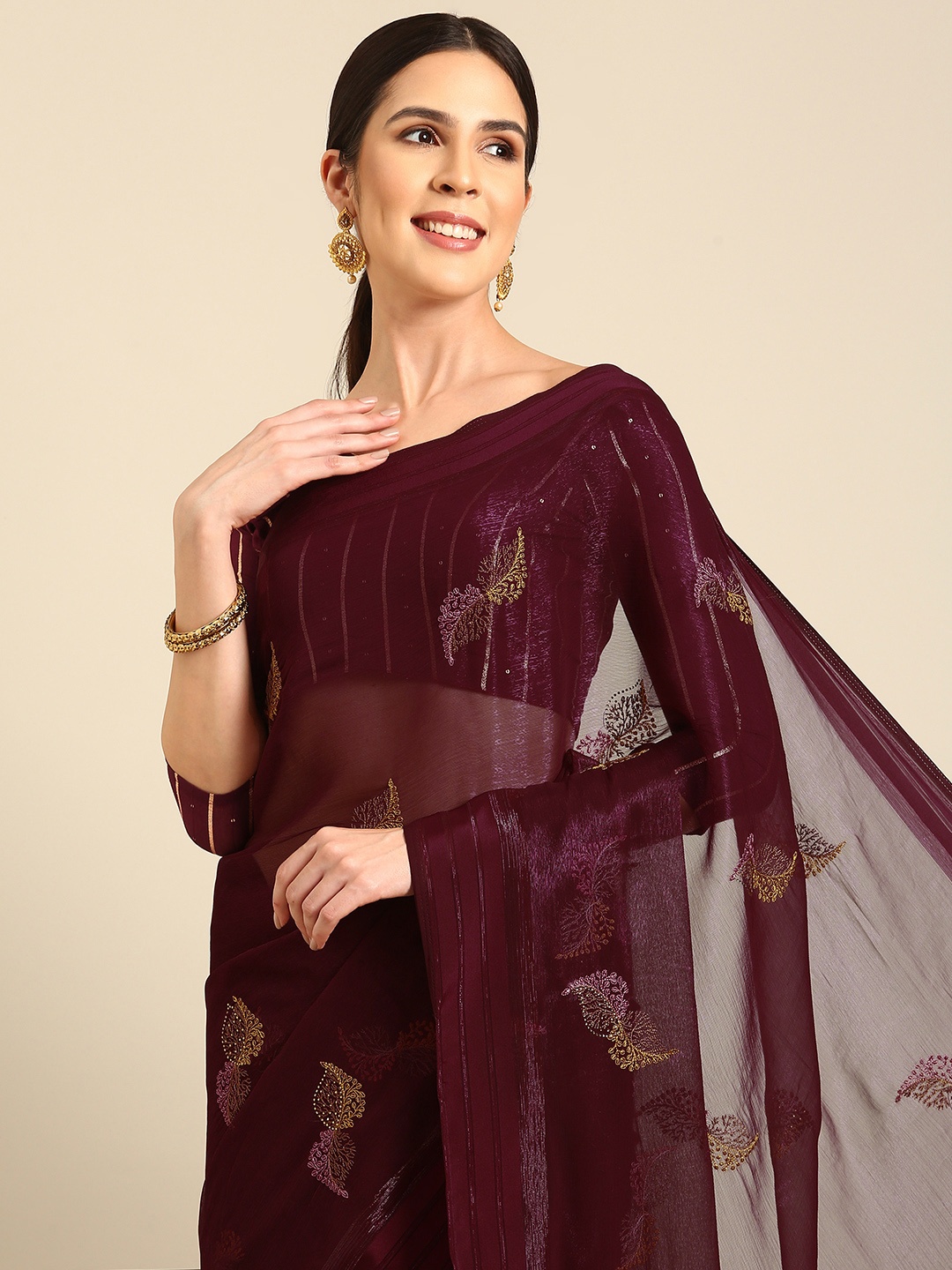 

HERE&NOW Beads & Stones Pure Chiffon Saree, Burgundy