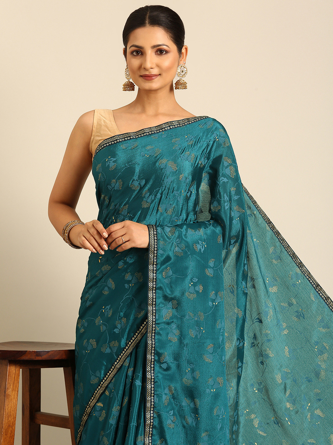 

HERE&NOW Floral Beads & Stones Silk Foil Work Saree, Blue