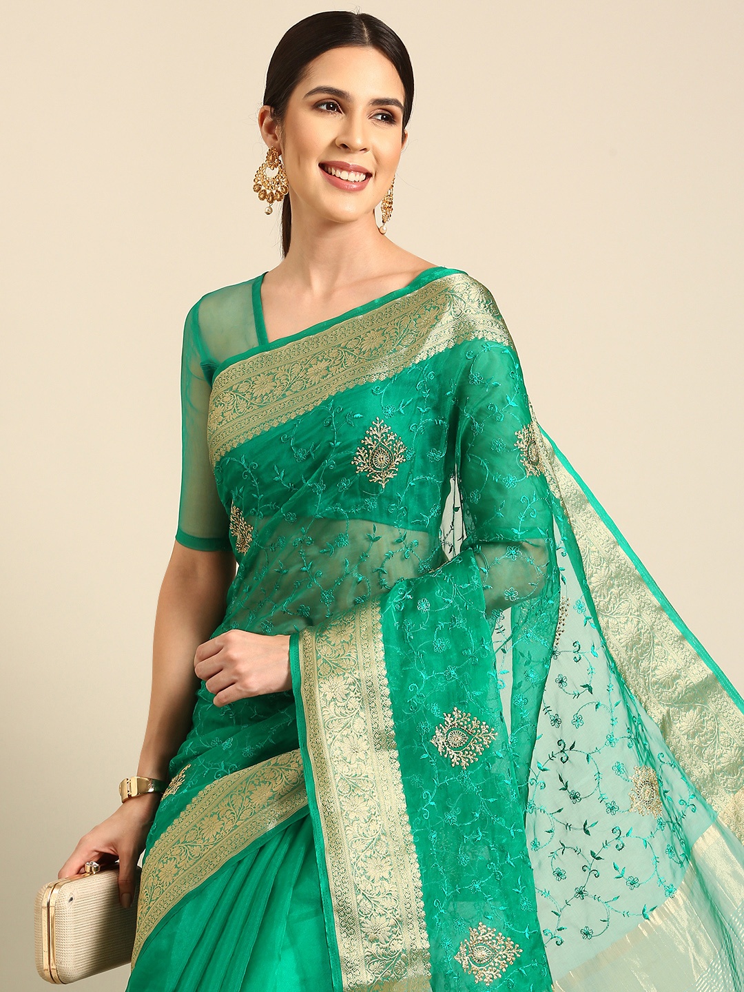 

HERE&NOW Floral Printed Zari Organza Saree, Green