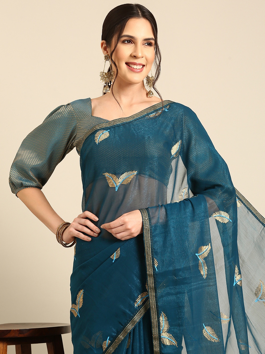 

HERE&NOW Embellished Sequinned Saree, Navy blue