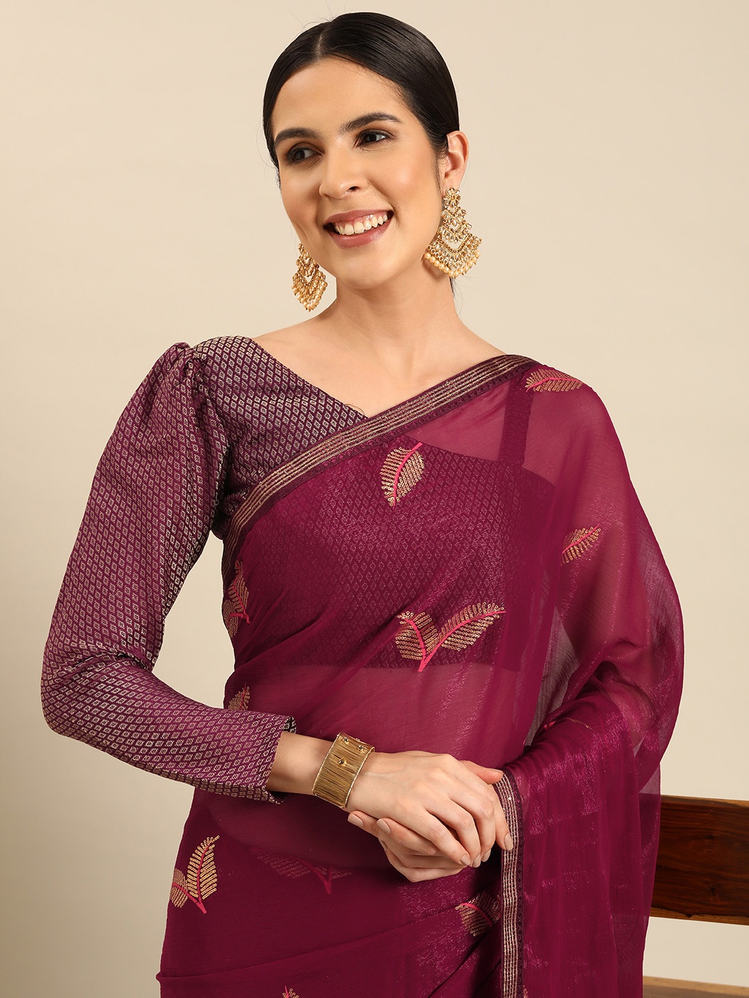 

HERE&NOW Embellished Embroidered Saree, Burgundy