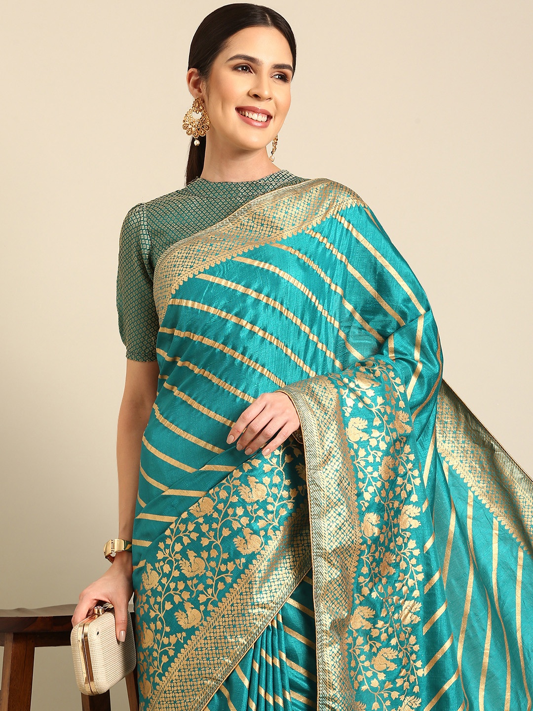 

HERE&NOW Vichitra Silk Striped Saree, Turquoise blue