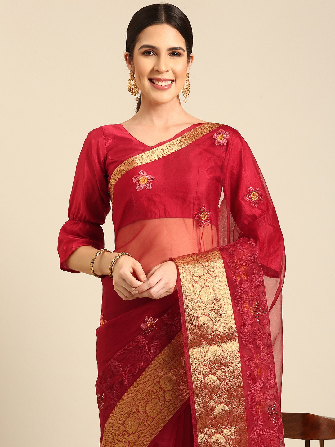 

HERE&NOW Floral Beads & Stones Organza Saree, Maroon